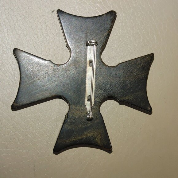 Large Armenian Wooden Silver Tone MCM Gothic Cross Brooch Pin Statement Vintage - Picture 9 of 9